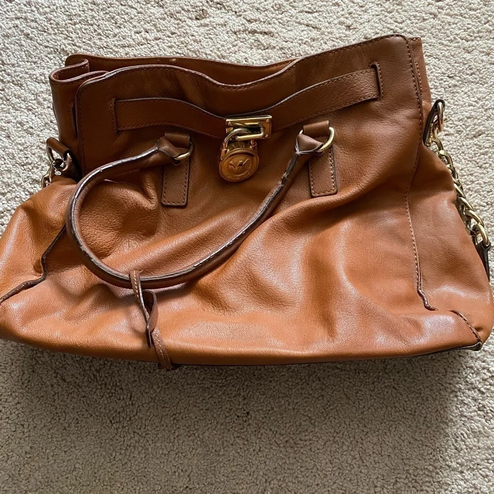 Michael Kors- 100% Brown Leather Large Hamilton Hand Bag with Gold Metal